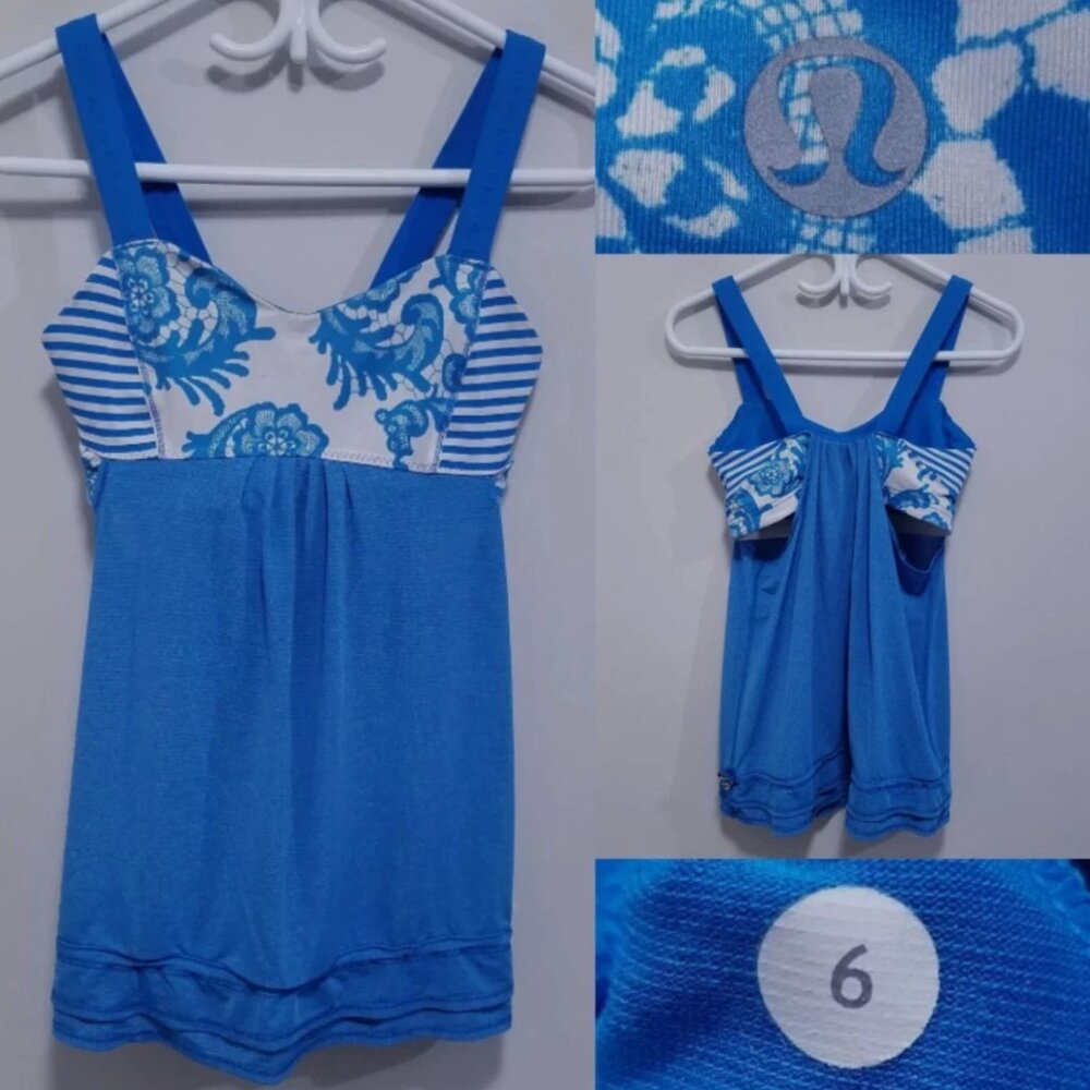 Lululemon Back On Track 6 Small Tank Top Beaming Blue Stripe Run Cream Polar